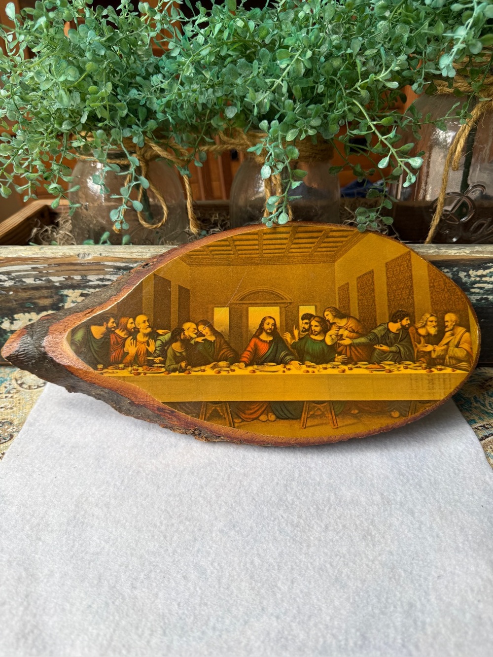 Last Supper Live Edge Wood Slice Wall Plaque Lake George NY Vintage Mid Century